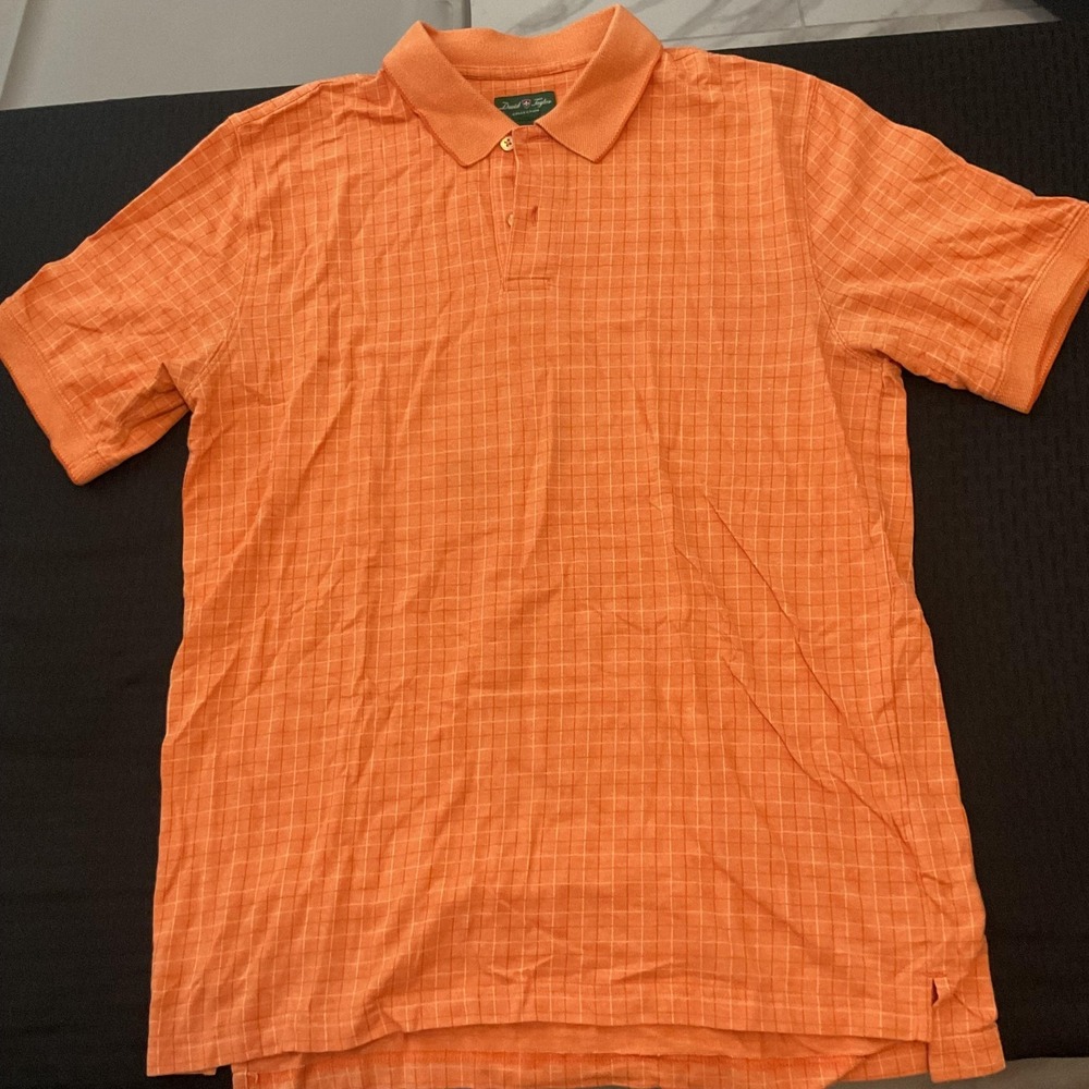 David Taylor Polo Shirt Mens Large Orange Check Short Sleeve Cotton Blend Knit‎